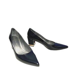 Stuart Weitzman Black Patent Leather Pointy Toe Pumps with Gold Band on Heel 9.5